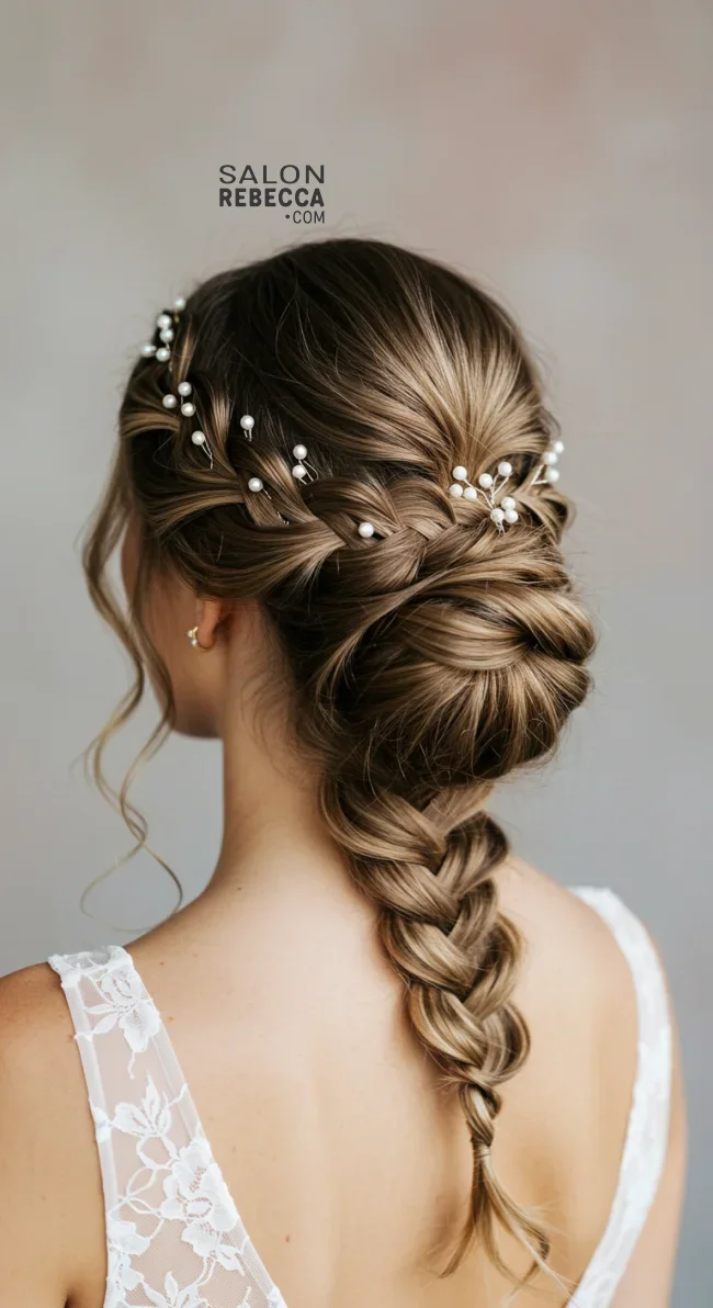 12. Waterfall Braid Updo with Pearls | Elegant Wedding Updo Hairstyles Featuring Pearl Hairpins