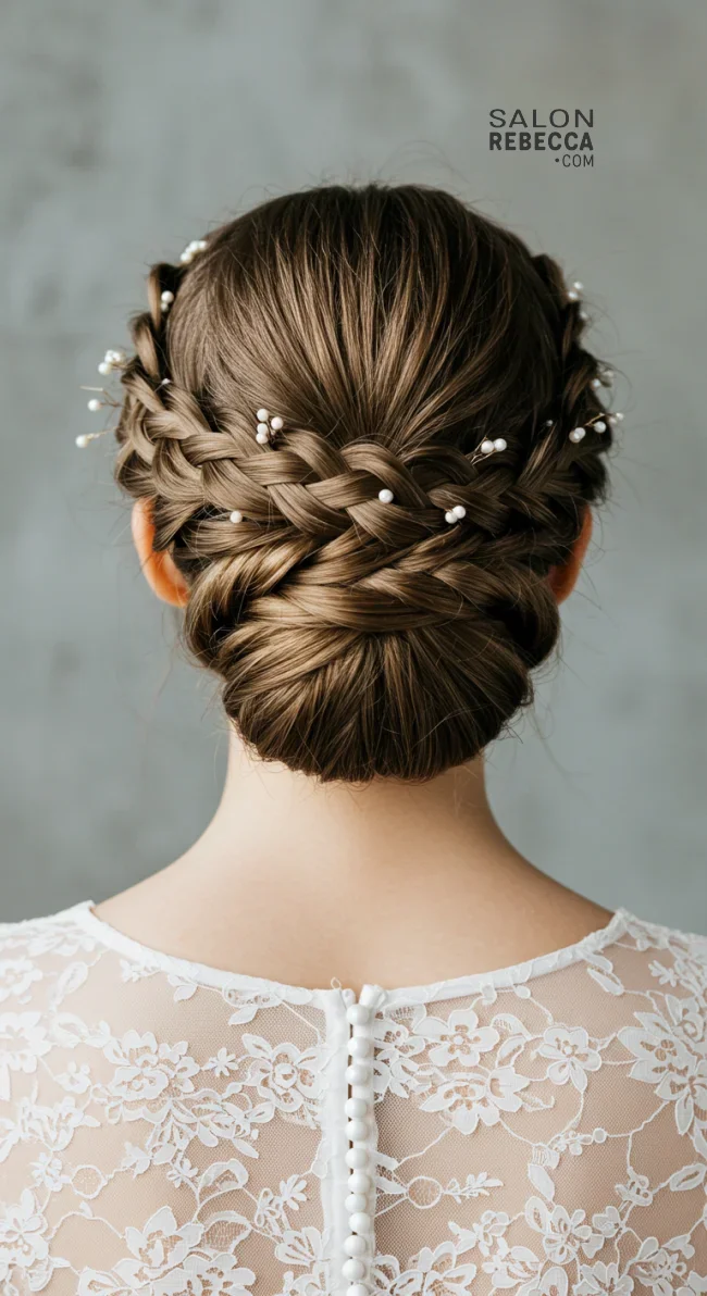 4. Braided Crown Updo with Pearl Pins | Elegant Wedding Updo Hairstyles Featuring Pearl Hairpins