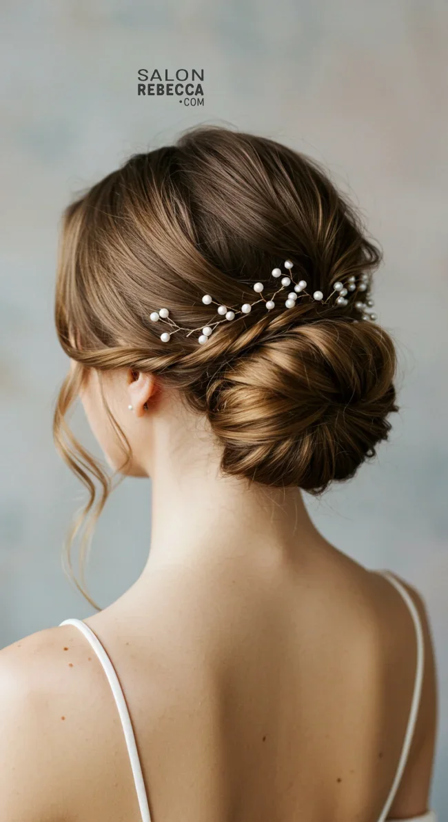 14. Low Twisted Bun with Floating Pearl Pins | Elegant Wedding Updo Hairstyles Featuring Pearl Hairpins