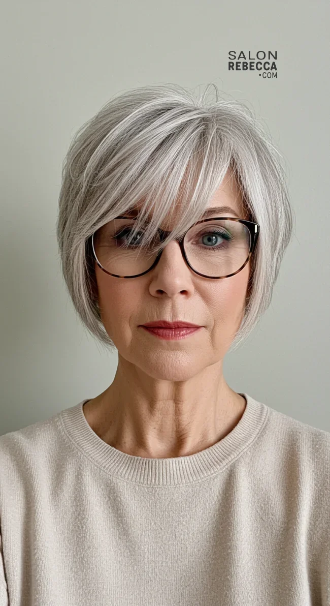 4. Side-Swept Bangs with Short Layers | Short Hairstyles For Women Over 60 With Fine Hair And Glasses