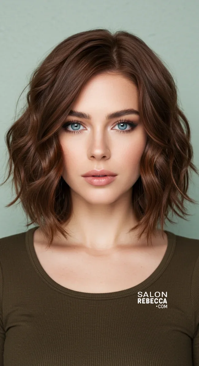 3. Chestnut Brown Lob with Soft Curls | Perfect Hair Colors For Blue Or Green Eyes