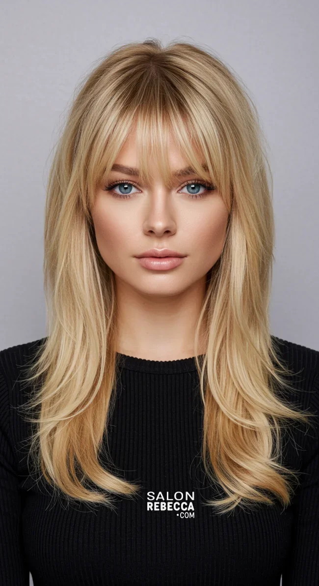 6. Honey Blonde with Curtain Bangs | Perfect Hair Colors For Blue Or Green Eyes