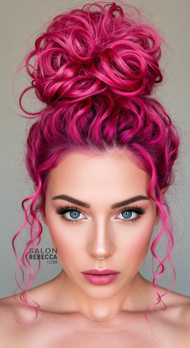 6. Curly Crown Bun | Pretty In Pink: Curly Hairstyles To Rock Your Pink Hair!