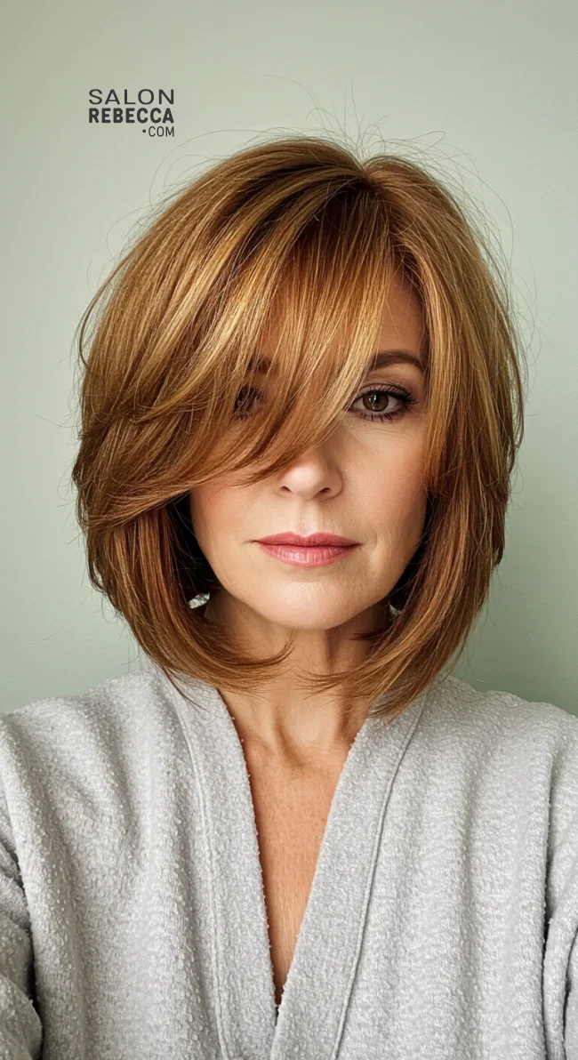 3. Layered Bob With Side-Swept Bangs | Layered Bob Hairstyles For Women Over 50 With Fine Hair