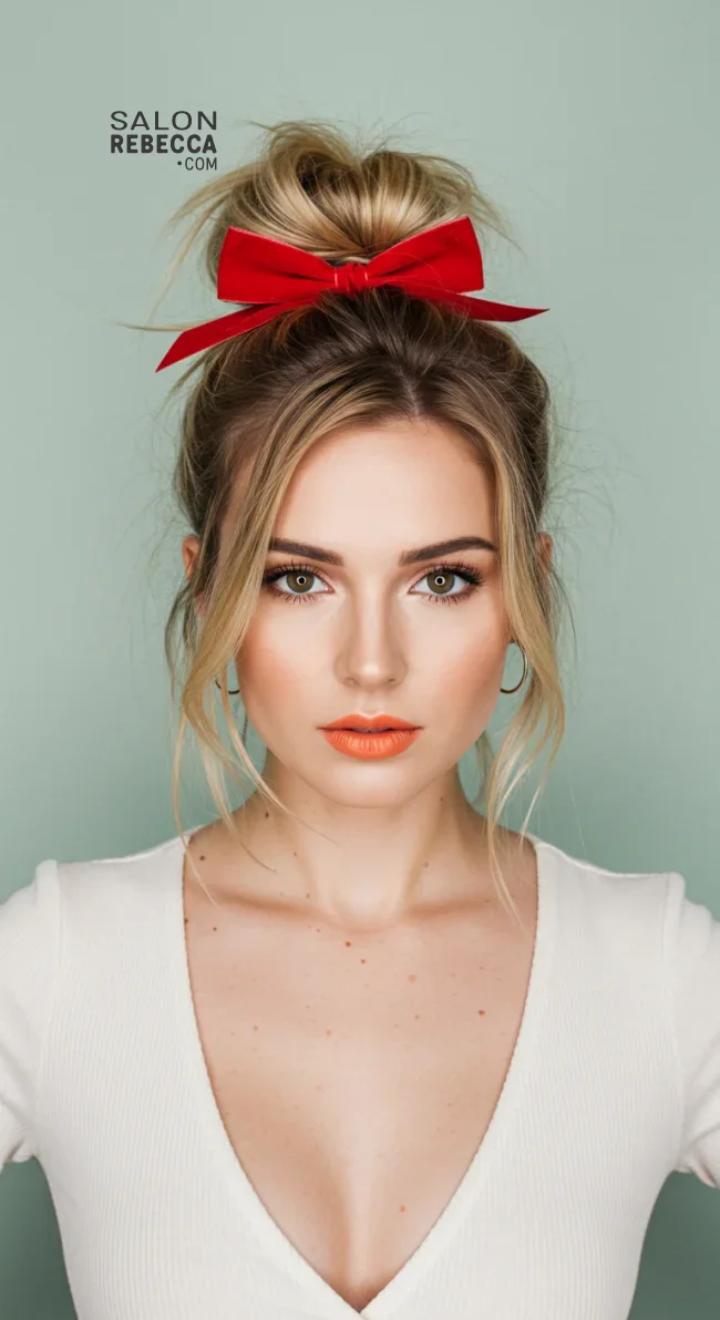 6. Messy Bun with a Bow | 7 Holiday Hairstyles That Are Easy