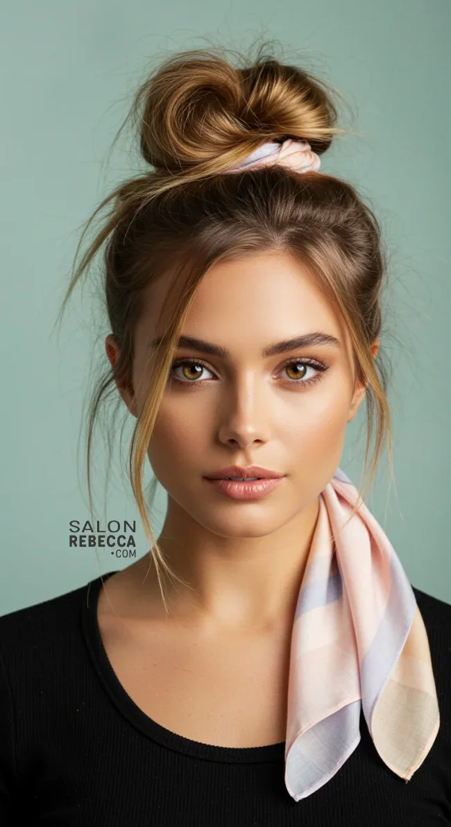 5. Messy Bun With Scarf Accent | Scarf Chic: Elevate Your Style With A Scarf In Your Hair