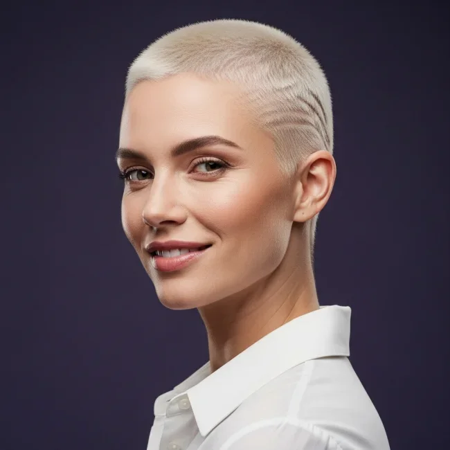 1. Platinum Bleached Buzz with Geometric Etching | Bold And Beautiful: Embracing The Trend With A Buzz Cut For Women