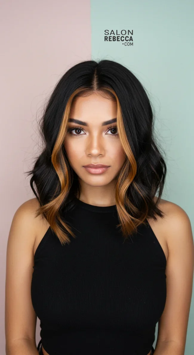 2. Caramel Chunky Highlights on Black Hair | Chunky Highlights: Elevate Your Style With Trendy Colors