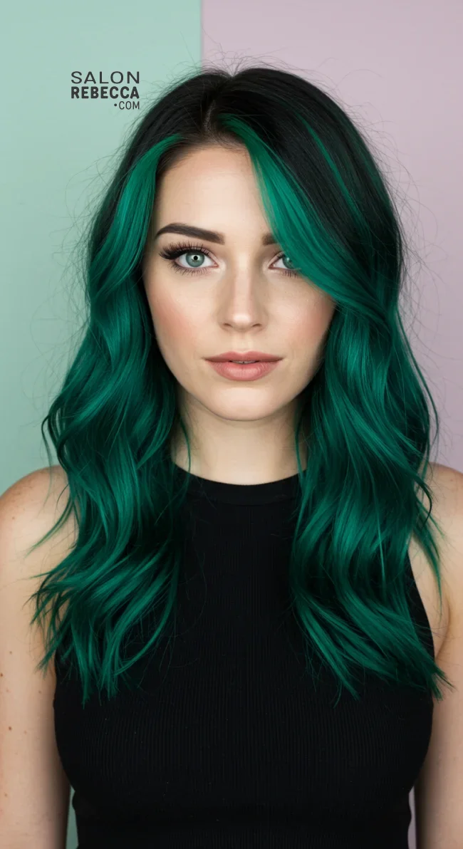 14. Green Chunky Highlights on Dark Hair | Chunky Highlights: Elevate Your Style With Trendy Colors