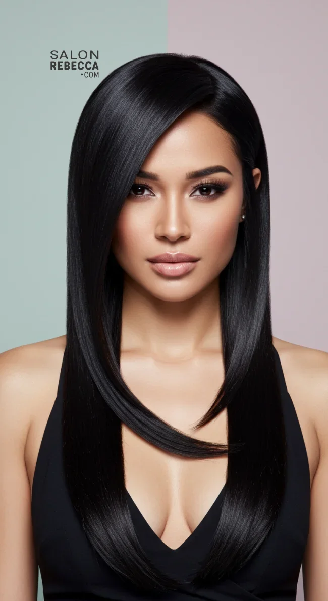 8. Long, Sleek Hair with a Deep Side Part (For Heart-Shaped Faces) | Haircut Ideas Tailored To Your Face Shape: Top Trending Hairstyles For Women In 2025