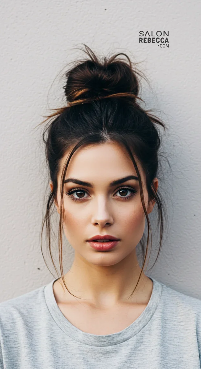 12. Messy Bun with Loose Strands | Hairstyles For Long Face Shape: A Guide To Flattering And Trendy Looks