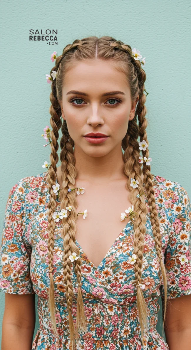 15. Floral-Embellished Braids | Spring Hairstyles For Long Hair: Fresh Looks