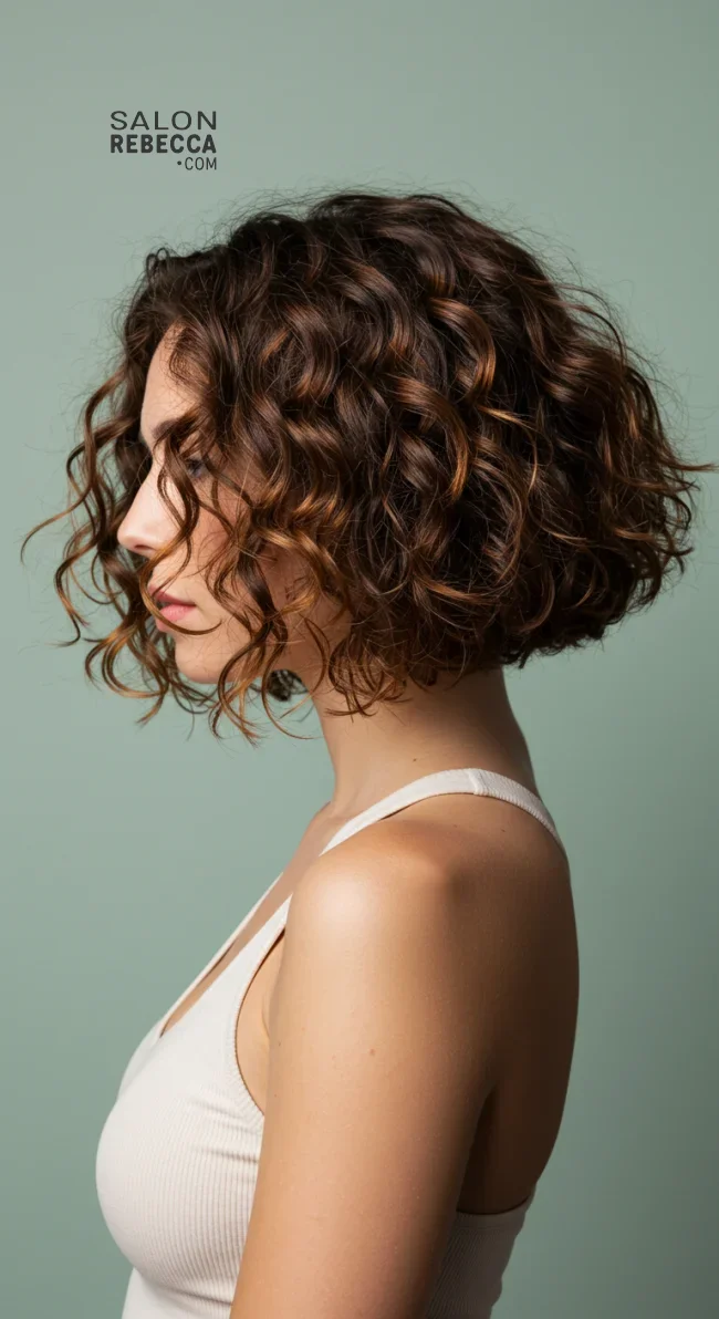 6. Curly Inverted Bob with Soft Brown Hues | Messy Inverted Bob Ideas That Ooze Tremendous Rizz