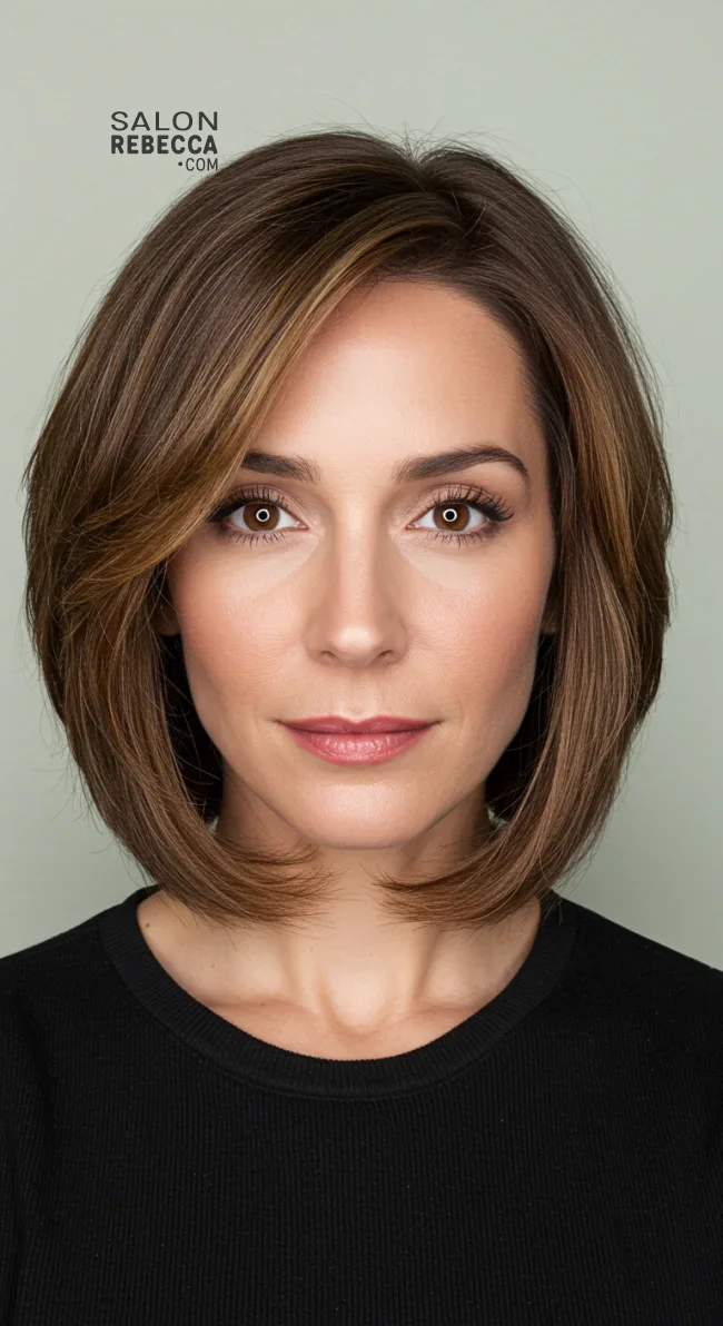 2. Layered Shoulder-Length Cut with Side-Swept Bangs | 10 Stylish Hairstyles For Women Over 50 With Bangs
