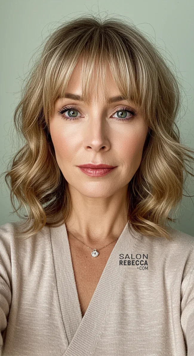 7. Wavy Shoulder-Length Hair with Curtain Bangs | 10 Stylish Hairstyles For Women Over 50 With Bangs