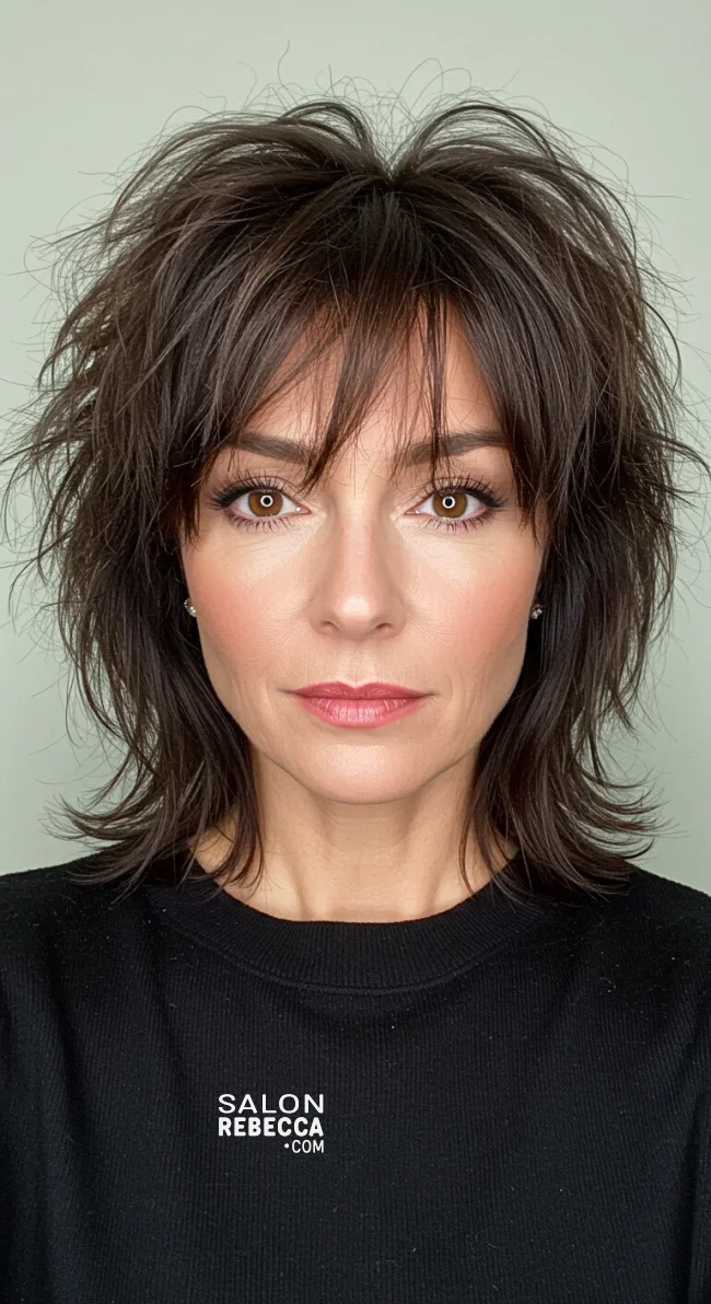 6. Shaggy Medium-Length Cut with Choppy Bangs | 10 Stylish Hairstyles For Women Over 50 With Bangs