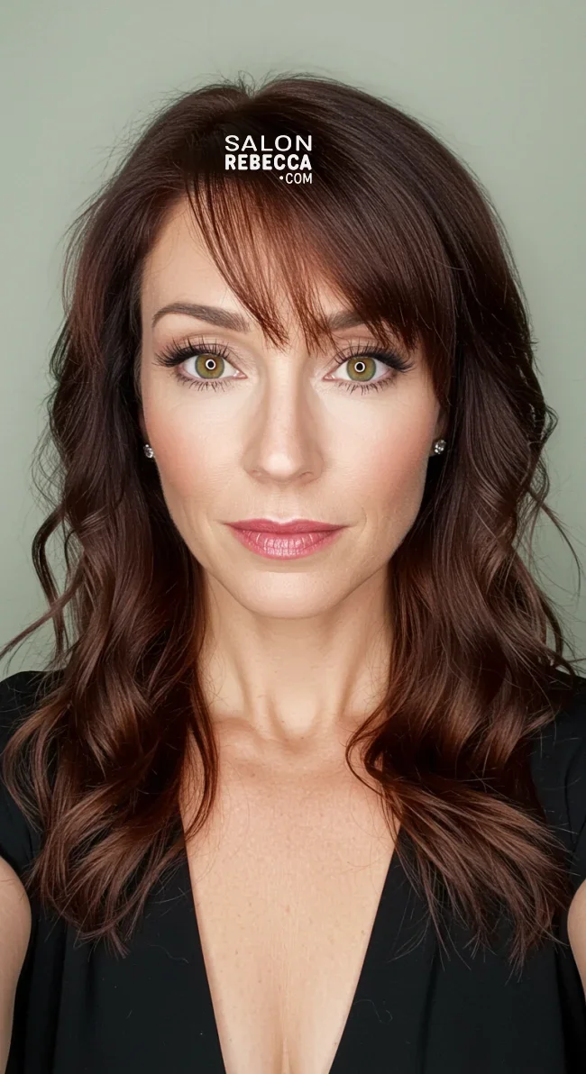 5. Long Wavy Hair with Feathered Bangs | 10 Chic Hairstyles With Bangs For Women Over 50