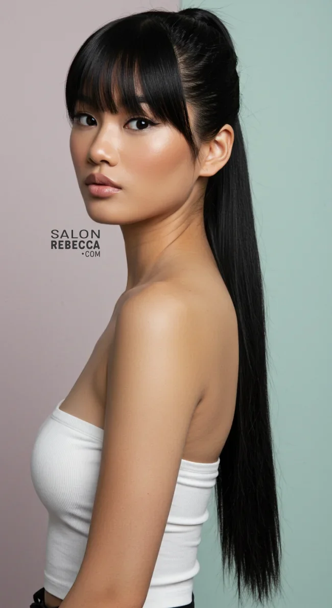 4. Sleek Ponytail with Birkin Bangs | Birkin Bangs: Retro Chic Revival Takes The Hair Scene By Storm
