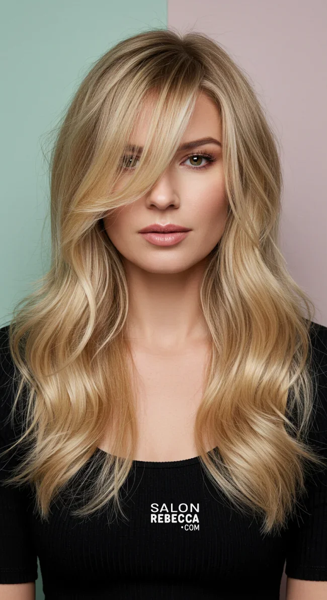 2. Side-Swept Bangs with Long Waves | 10 Bold Hairstyles For Women Over 50 With Square Faces