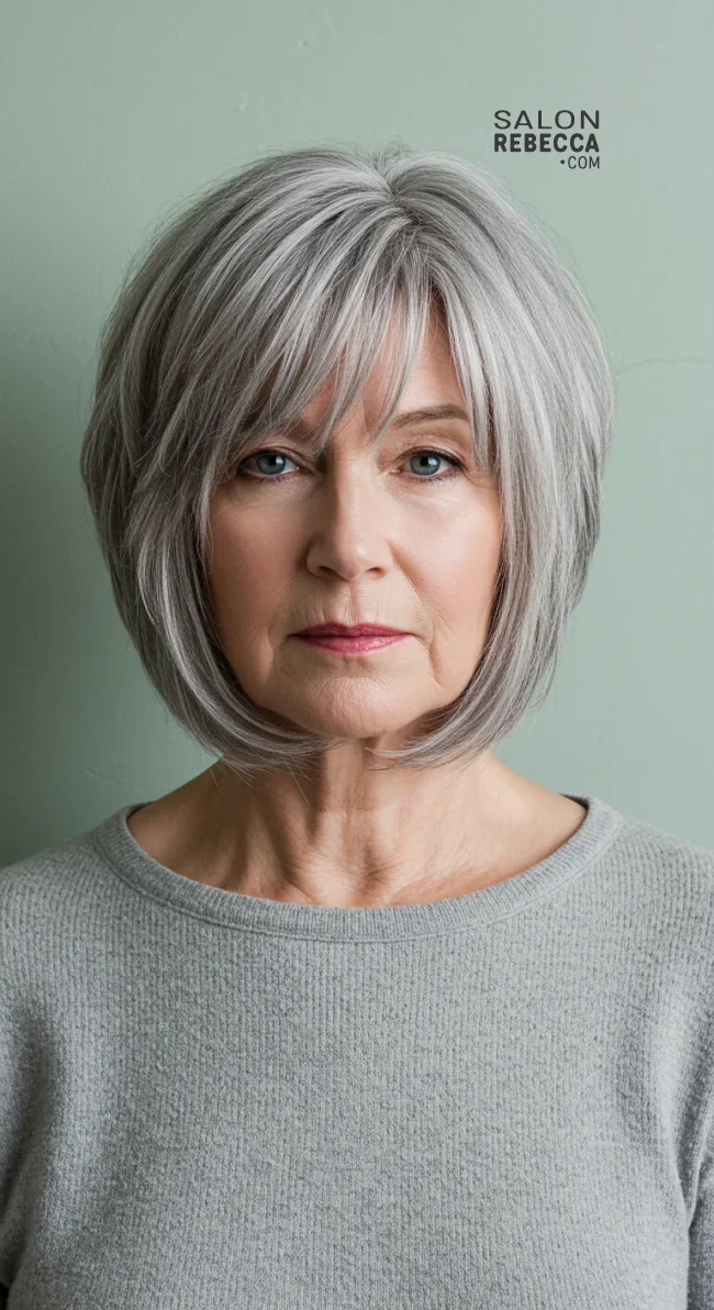 15. Modern Layered Bob with Bangs | Trendy And Age-Defying Hairstyles For Older Women